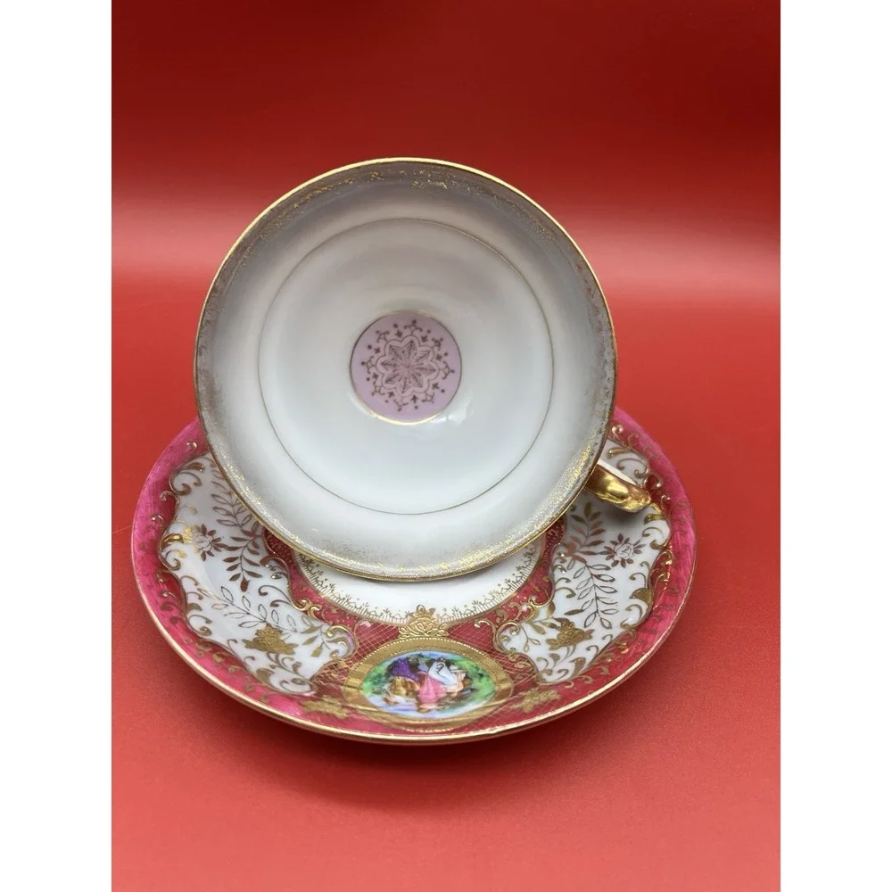 Hand Painted Chubu China Occupied Japan Porcelain Cup & Saucer Raised Gold Trim